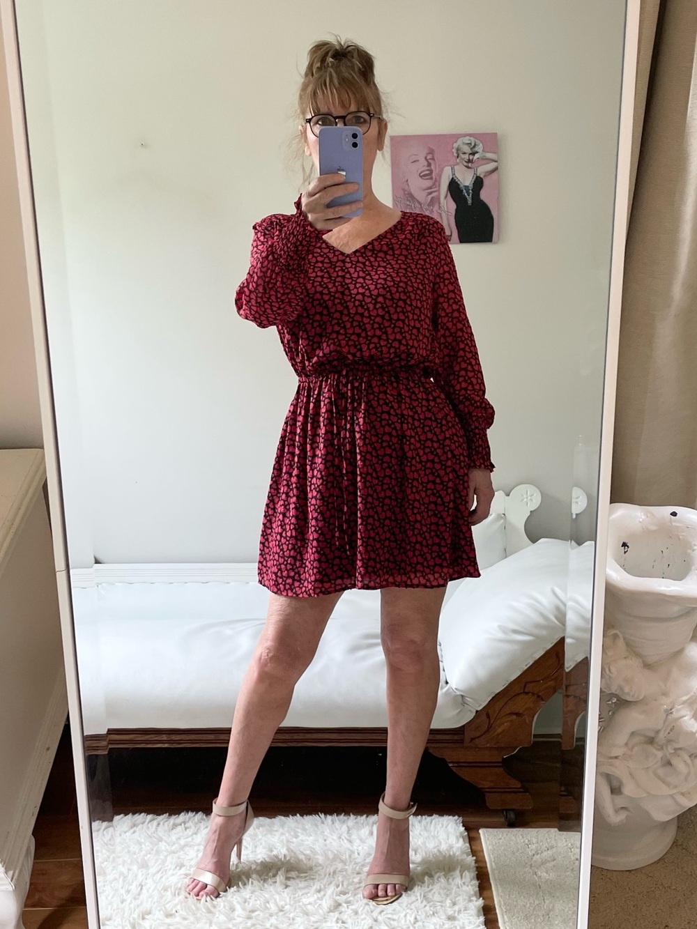 BLACK LONG SLEEVE DRESS SMOCKED CUFFS RED HEARTS CHENILLE ELIANE ROSE